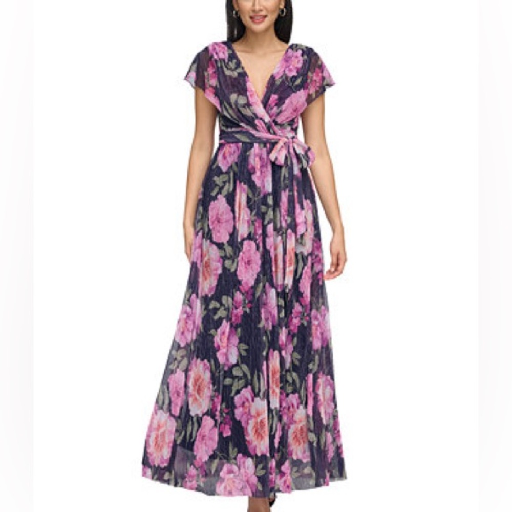Eliza J Purple Draped Shoulder‎ V-neck Metallic Floral Pleated Maxi Gown